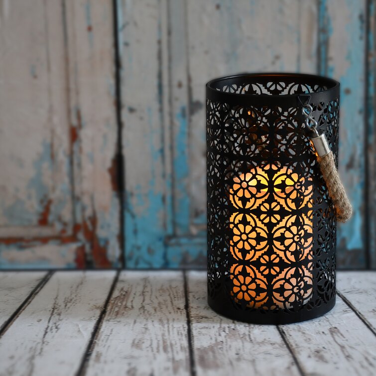 LumaBase Black Jacquard Metal Lantern With Battery Operated Candle